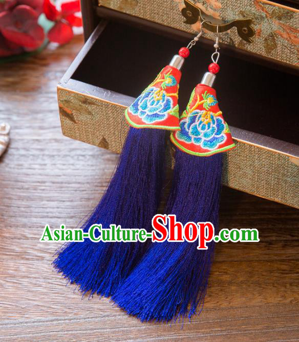 Top Grade Handmade Classical Hair Accessories Chinese Hanfu Royalblue Tassel Earrings, China Ancient Princess Embroidery Eardrop for Women