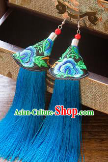 Top Grade Handmade Classical Hair Accessories Chinese Hanfu Blue Tassel Earrings, China Ancient Princess Embroidery Eardrop for Women