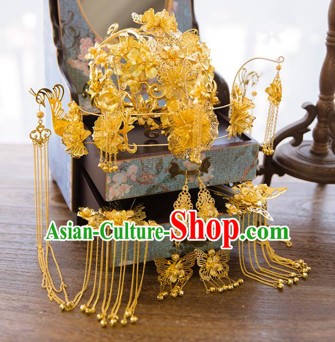 Aisan Chinese Handmade Classical Hair Accessories Bride Golden Phoenix Coronet Complete Set, China Xiuhe Suit Hairpins Wedding Headwear for Women