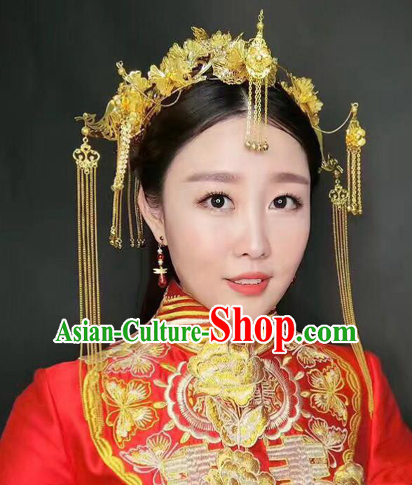Aisan Chinese Handmade Classical Hair Accessories Bride Golden Phoenix Coronet Complete Set, China Xiuhe Suit Hairpins Wedding Headwear for Women