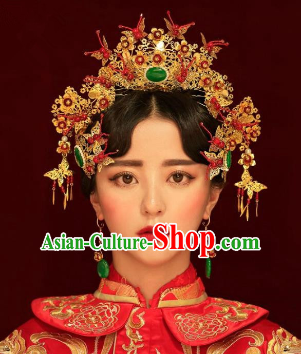 Aisan Chinese Handmade Classical Hair Accessories Hanfu Green Jade Phoenix Coronet, China Xiuhe Suit Hairpins Wedding Headwear Complete Set for Women