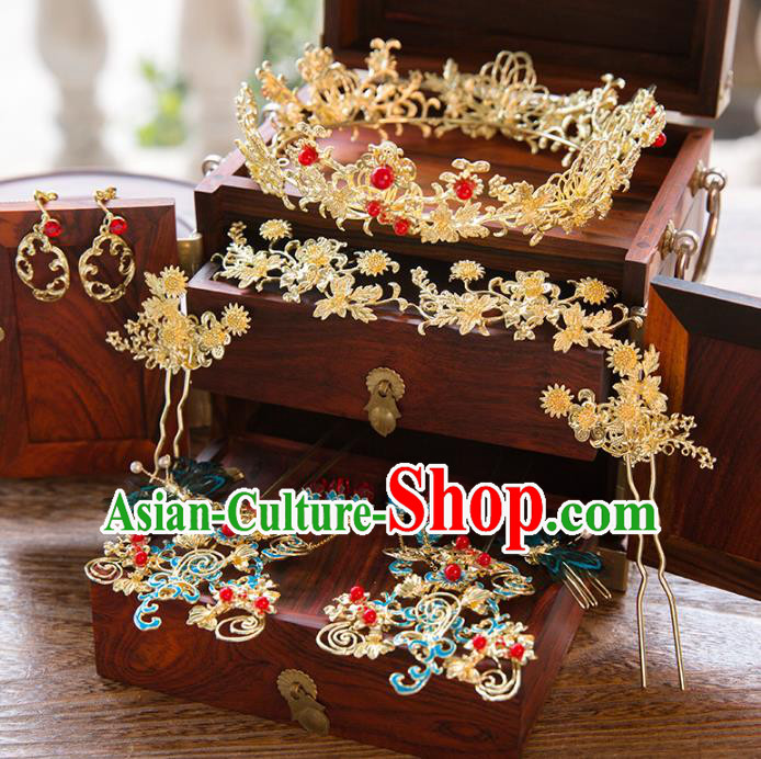 Aisan Chinese Handmade Classical Hair Accessories Hanfu Cloisonne Step Shake Complete Set, China Xiuhe Suit Hairpins Royal Crown Wedding Headwear for Women