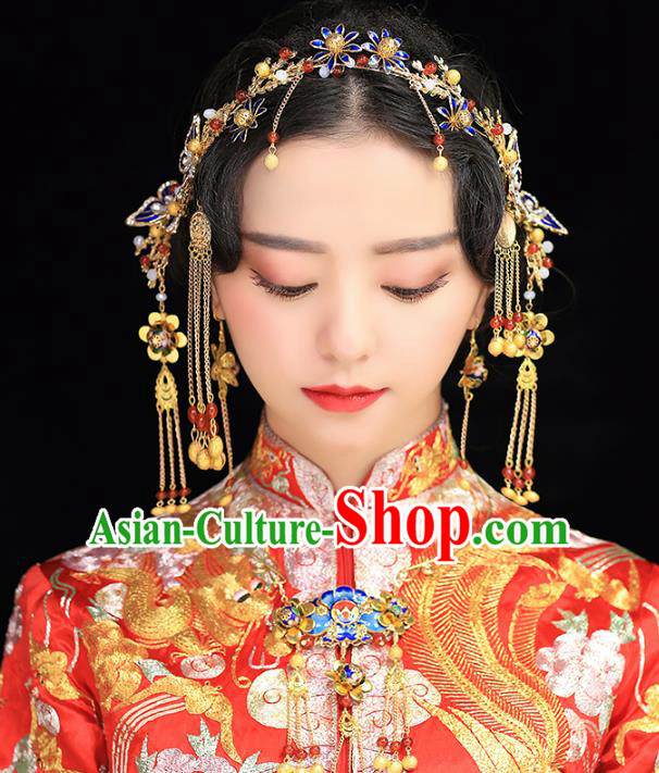 Aisan Chinese Handmade Classical Hair Accessories Hanfu Cloisonne Butterfly Hair Clasp Complete Set, China Xiuhe Suit Hairpins Wedding Headwear for Women