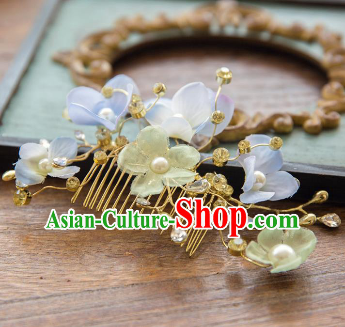 Aisan Chinese Handmade Classical Hair Accessories Hanfu Blue Flowers Hair Comb, China Xiuhe Suit Wedding Headwear for Women