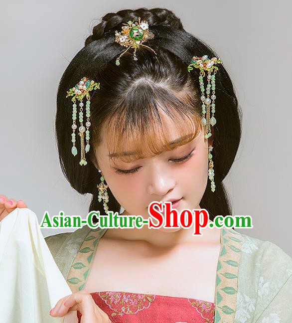 Aisan Chinese Handmade Classical Hair Accessories Hanfu Green Beads Tassel Step Shake, China Xiuhe Suit Hairpins Wedding Headwear Complete Set for Women