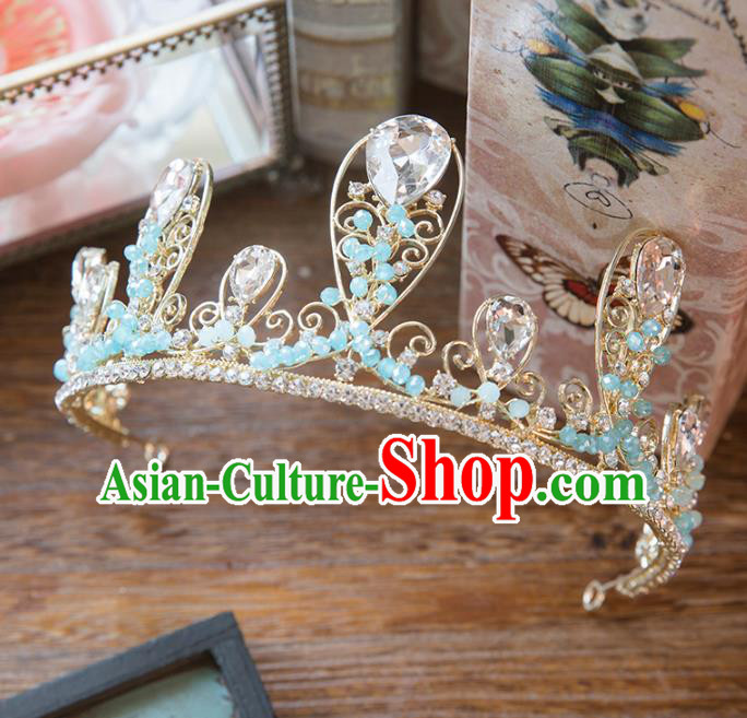 Top Grade Handmade Classical Hair Accessories Baroque Style Princess Blue Beads Royal Crown Headwear