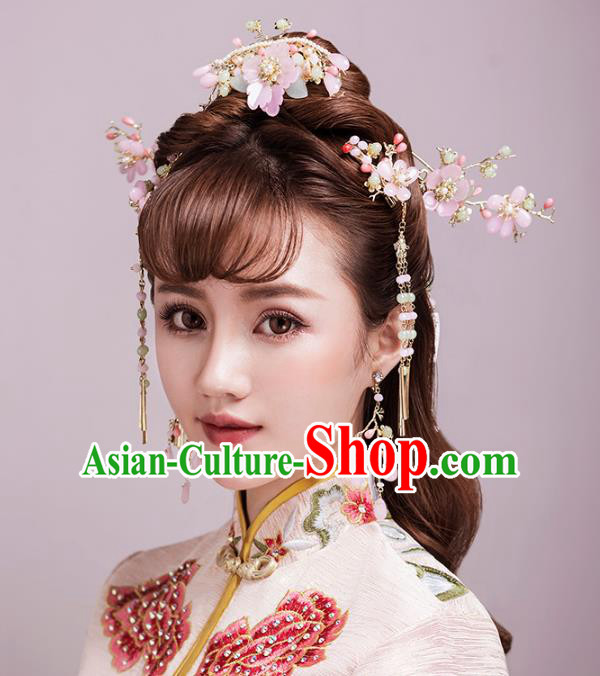 Aisan Chinese Handmade Classical Hair Accessories Hanfu Shell Pink Flowers Hair Clasp Complete Set, China Xiuhe Suit Hairpins Wedding Headwear for Women