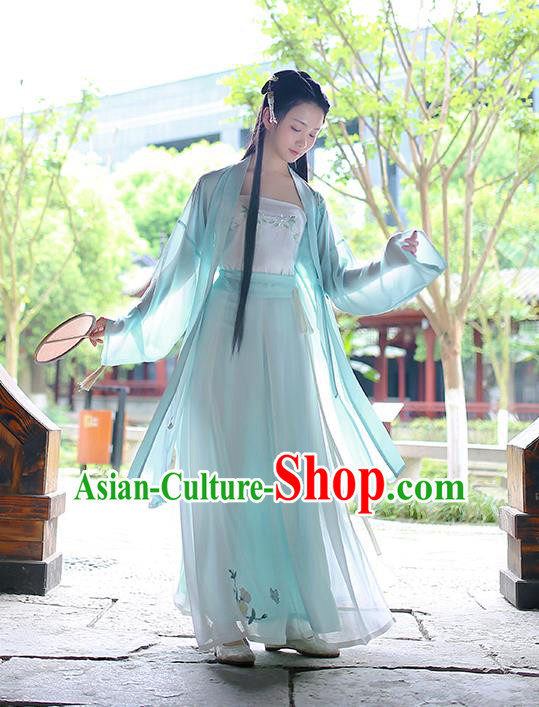 Traditional Asian Chinese Hanfu Swordswoman Costumes Song Dynasty Young Lady Embroidered Blue Cardigan Blouse and Pants Complete Set