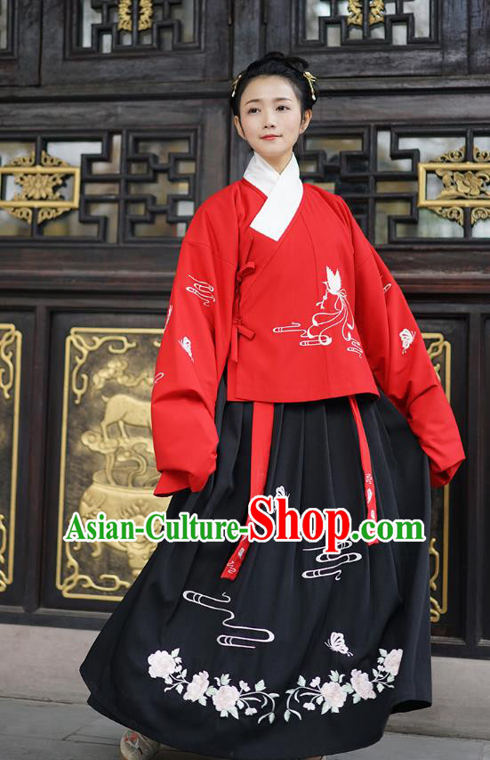 Traditional Asian Chinese Hanfu Costumes Ming Dynasty Palace Lady Embroidered Slant Opening Red Blouse and Skirts Complete Set