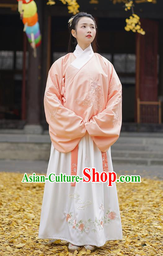 Traditional Asian Chinese Hanfu Costumes Ming Dynasty Palace Lady Embroidered Slant Opening Pink Blouse and Skirts Complete Set