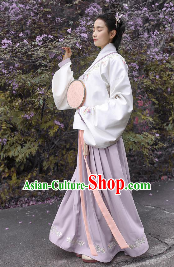 Traditional Asian Chinese Hanfu Costumes Ming Dynasty Princess Embroidered Slant Opening White Blouse and Purple Skirts Complete Set