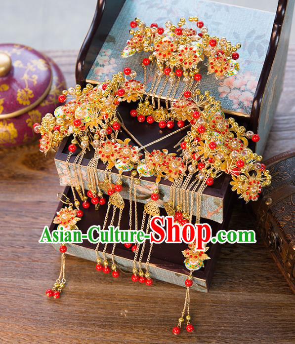 Chinese Handmade Classical Ancient Costume Red Beads Hair Accessories Complete Set, China Bride Xiuhe Suit Hairpins Phoenix Coronet Headwear for Women