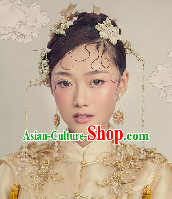 Chinese Handmade Classical Hair Accessories Pearls Flower Hair Clip Complete Set, China Xiuhe Suit Hairpins Hair Comb Wedding Headwear for Women