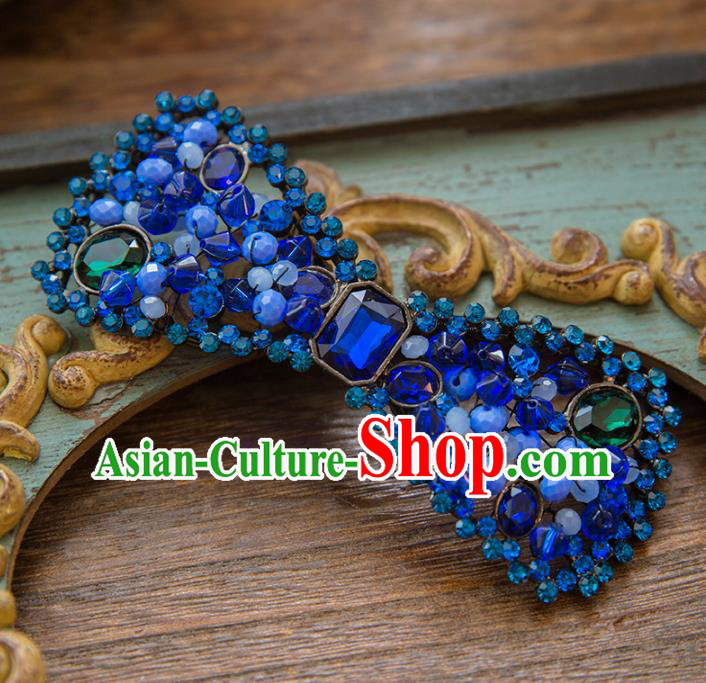 Top Grade Handmade Classical Hair Accessories Blue Bowknot Hair Stick, Baroque Style Princess Crystal Headband Headwear for Women