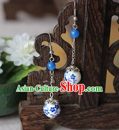 Chinese Handmade Classical Accessories Hanfu Blue and White Porcelain Tassel Earrings, China Xiuhe Suit Wedding Blue Bead Eardrop for Women
