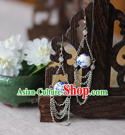 Chinese Handmade Classical Accessories Hanfu Blue and White Porcelain Earrings, China Xiuhe Suit Wedding Tassel Eardrop for Women
