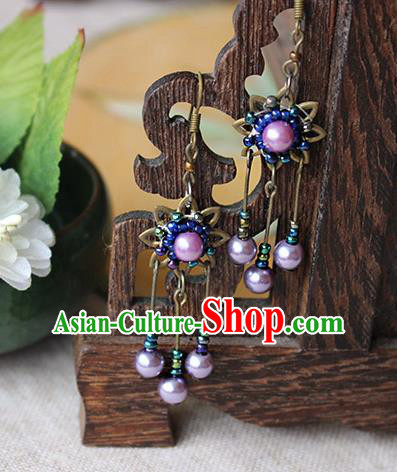 Chinese Handmade Classical Accessories Hanfu Earrings, China Xiuhe Suit Wedding Purple Beads Tassel Eardrop for Women