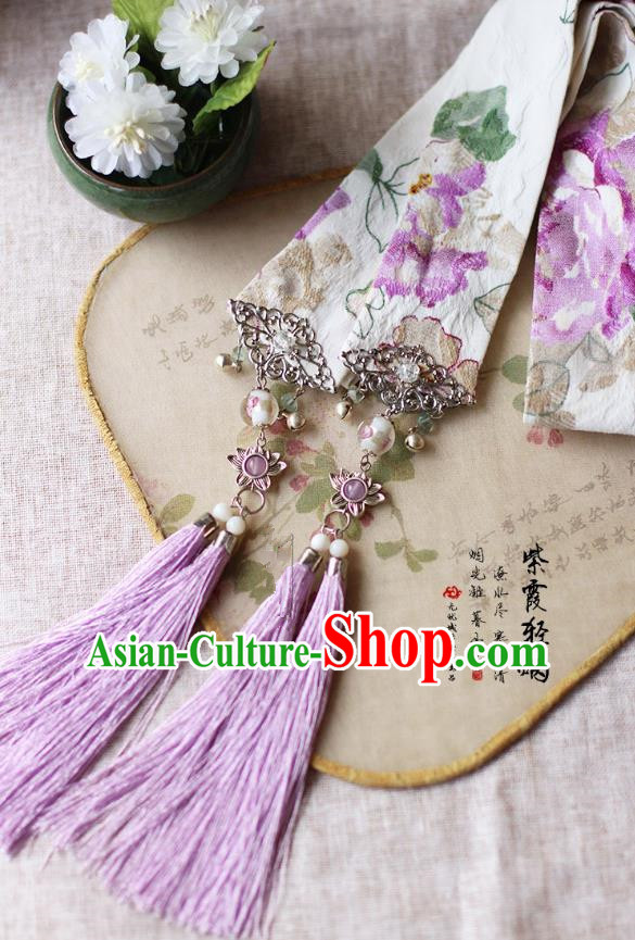 Chinese Handmade Classical Accessories Hanfu Silk Belt, China Ancient Hanfu Purple Tassel Bells Waistband for Women