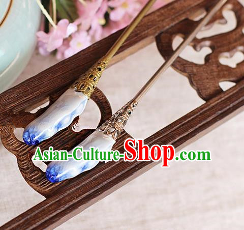 Chinese Handmade Classical Accessories Blue Ceramics Hairpin, China Hanfu Hair Clip for Women