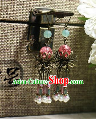 Chinese Handmade Classical Accessories Hanfu Pink Beads Earrings, China Xiuhe Suit Tassel Eardrop for Women