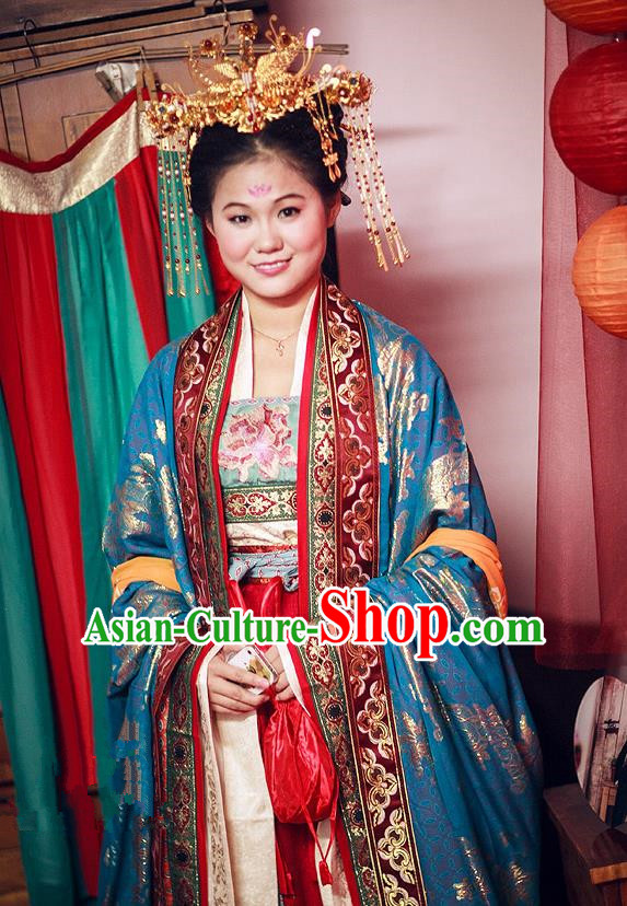 Traditional Ancient Chinese Imperial Consort Costume and Headpiece Complete Set, Chinese Tang Dynasty Imperial Empress Tailing Embroidered Clothing for Women