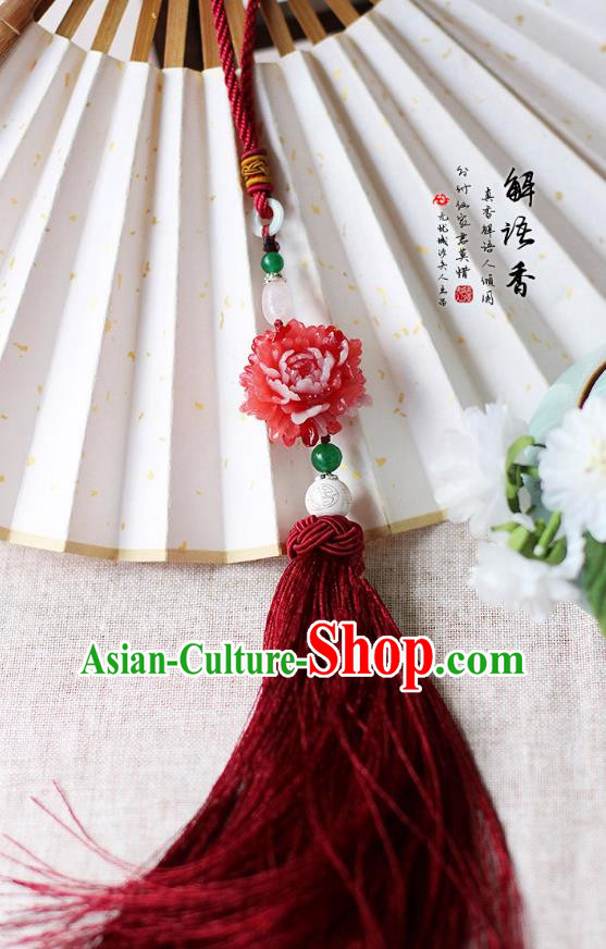 Chinese Handmade Classical Accessories Peony Red Tassel Palace Taeniasis, China Hanfu Waist Pendant Headwear for Women for Men