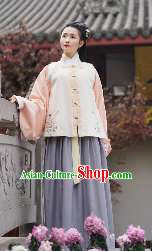 Traditional Asian Chinese Hanfu Princess Costumes, China Ming Dynasty Young Lady Embroidered Vest Blouse and Skirts Complete Set