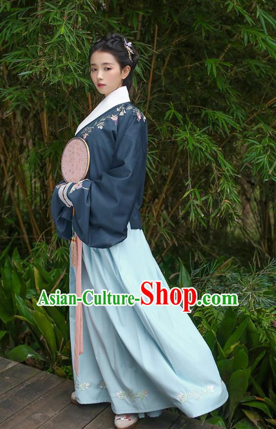 Traditional Asian Chinese Hanfu Costumes Ming Dynasty Princess Embroidered Slant Opening Navy Blouse and Blue Skirts Complete Set