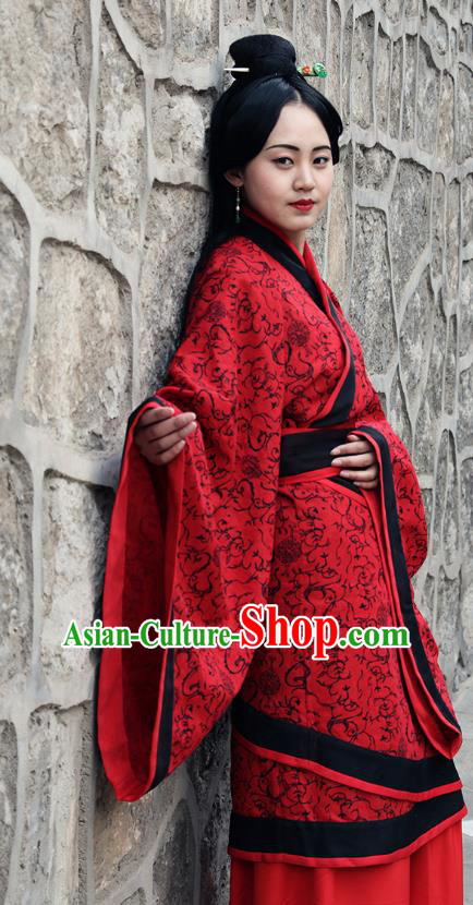 Traditional Oriental China Costume Palace Lady Red Curve Bottom, Chinese Hanfu Han Dynasty Princess Wedding Embroidered Clothing for Women