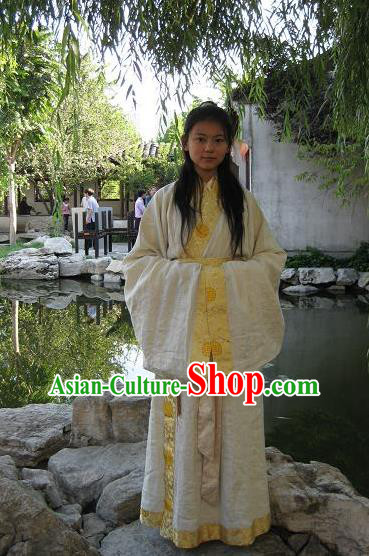 Traditional Asian Oriental China Costume Embroidery Palace Lady Yellow Curve Bottom, Chinese Han Dynasty Princess Embroidered Clothing for Women