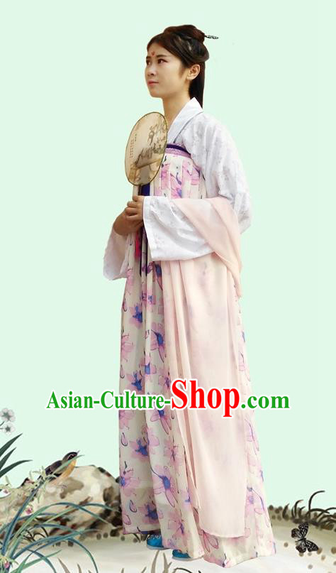 Traditional Oriental China Tang Dynasty Costume Ancient Young Lady Blouse and Printing Slip Skirt Complete Set for Women