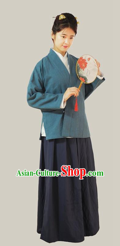 Traditional Chinese Ming Dynasty Young Lady Costumes Blue Linen Slant Opening Blouse for Women