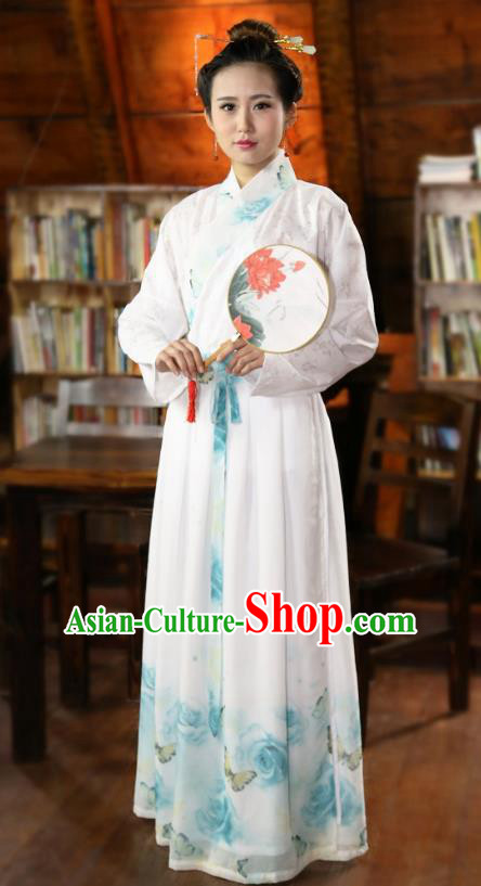 Traditional Chinese Han Dynasty Young Lady Costumes Ancient Princess Printing White Skirt for Women