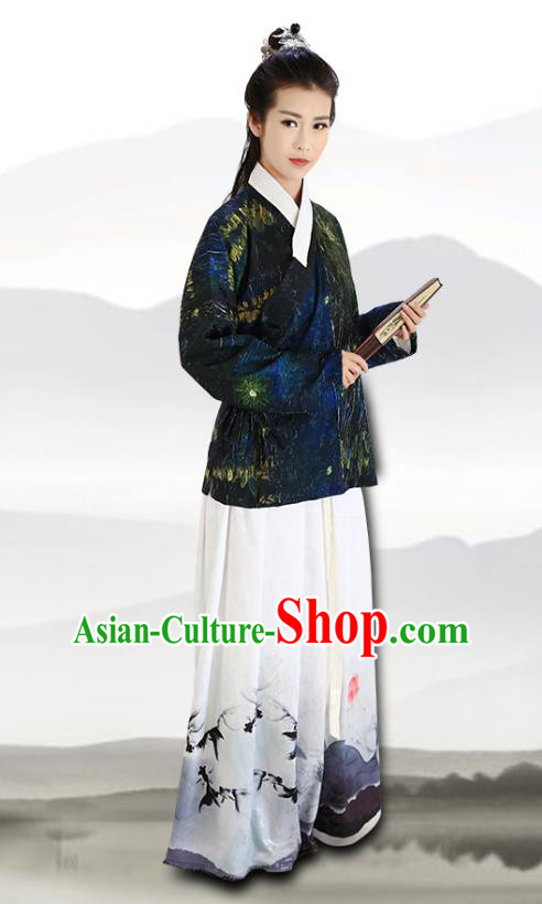 Traditional Chinese Ming Dynasty Young Lady Costumes Ancient Blouse and Printing Lotus Slip Skirts for Women