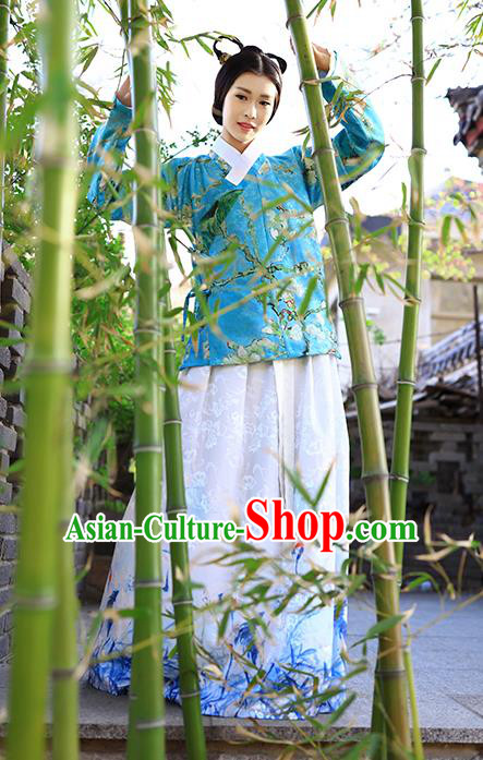 Traditional Chinese Ming Dynasty Young Lady Costumes Ancient Blue Blouse and Printing White Slip Skirts for Women