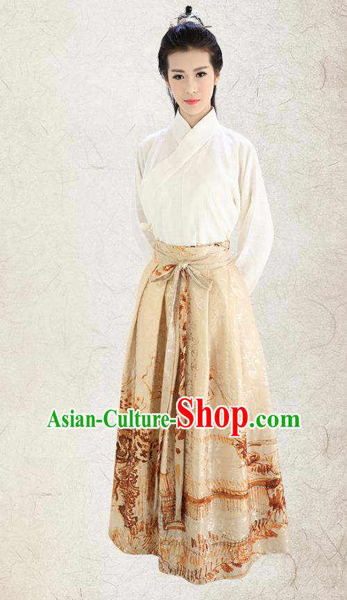 Traditional China Costume Embroidery White Blouse and Yellow Skirt Complete Set, Chinese Han Dynasty Princess Clothing for Women