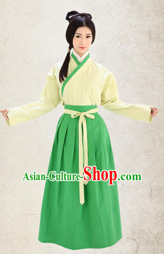 Traditional China Costume Hanfu Yellow Blouse and Green Skirt Complete Set, Chinese Han Dynasty Princess Clothing for Women