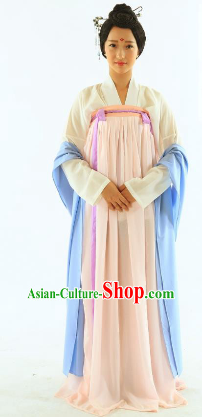 Traditional Chinese Hanfu Costumes Ancient Tang Dynasty Imperial Consort Blouse and Pink Slip Skirts Complete Set for Women