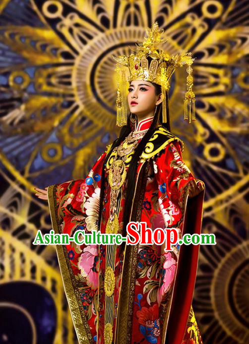 Traditional Ancient Chinese Imperial Concubine Costume and Headpiece Complete Set, Elegant Hanfu Chinese Tang Dynasty Empress Embroidered Clothing for Women