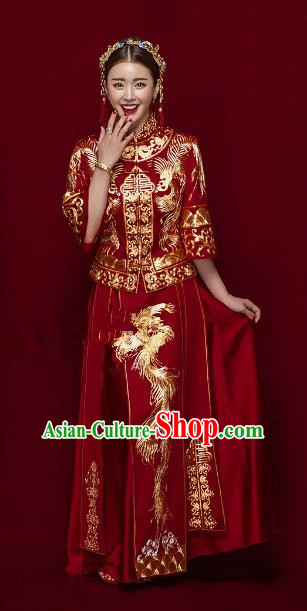 Traditional Ancient Chinese Costume Xiuhe Suits Chinese Style Wedding Red Embroidery Dragon and Phoenix Bride Clothing for Women