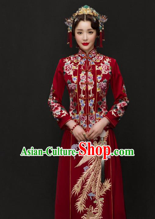 Traditional Ancient Chinese Costume Xiuhe Suits Chinese Style Wedding Red Embroidery Dragon and Phoenix Bride Cheongsam Clothing for Women