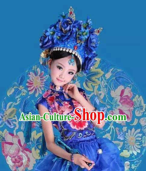 Traditional Ancient Chinese Imperial Consort Costume and Headpiece Complete Set, Chinese Qing Dynasty Manchu Lady Embroidered Clothing for Kids