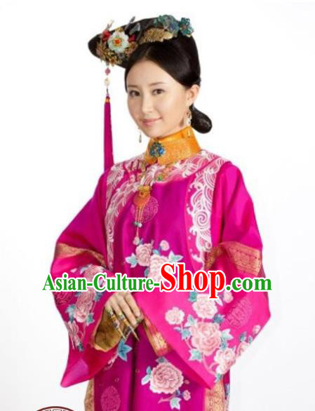 Traditional Ancient Chinese Imperial Consort Costume and Headpiece Complete Set, Chinese Qing Dynasty Manchu Lady Embroidered Clothing for Women