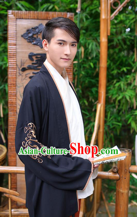 Traditional Chinese Hanfu Costumes Ancient Han Dynasty Young Men Embroidery Black Shirts
