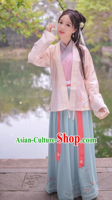 Traditional Chinese Hanfu Costumes Ancient Han Dynasty Young Lady Embroidery Pink BeiZi Blouse and Skirts Complete Set