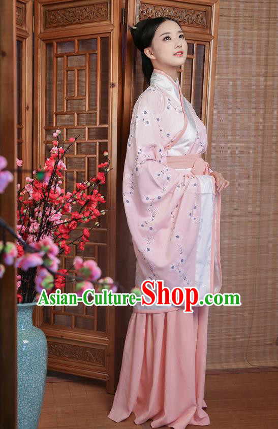 Traditional Ancient China Costume Palace Lady Pink Curve Bottom, Chinese Hanfu Han Dynasty Princess Embroidered Clothing for Women