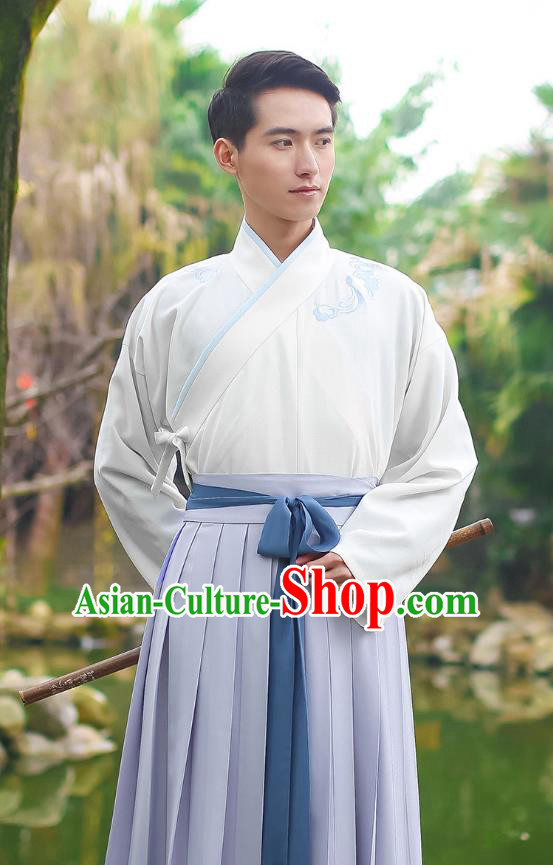 Traditional Chinese Hanfu Costumes Ancient Han Dynasty Young Men Embroidery Slant Opening Shirts and Grey Skirts Complete Set