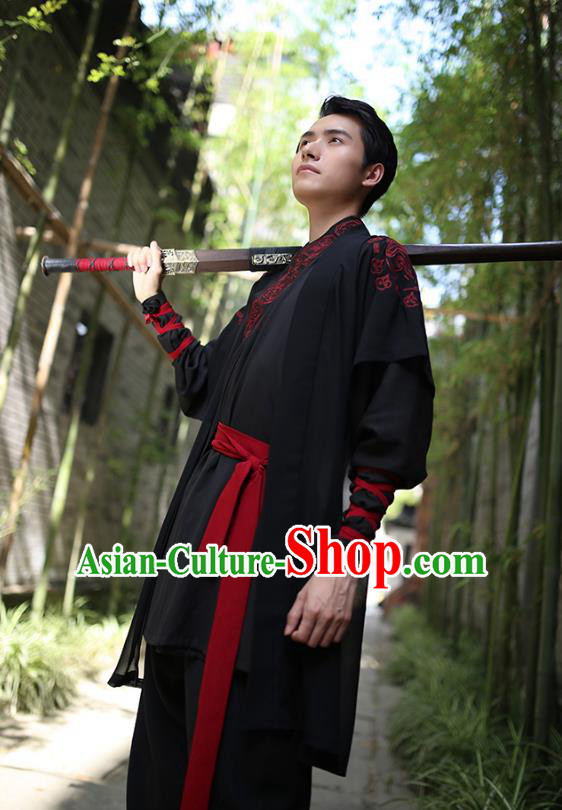 Traditional Chinese Hanfu Costumes Ancient Han Dynasty Swordsman Embroidery Black Clothing Complete Set