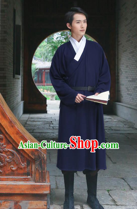 Traditional Chinese Ancient Costumes Asian China Ming Dynasty Swordsmen Embroidery Clothing Navy Long Robe for Men