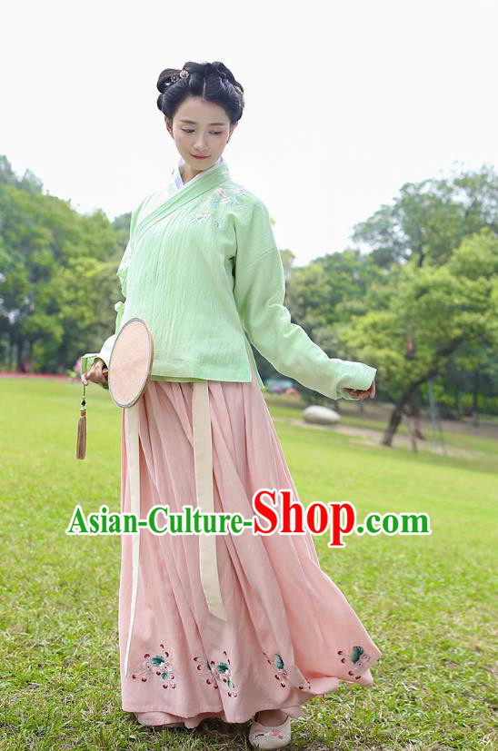 Traditional Chinese Ancient Costumes, Asian China Ming Dynasty Palace Lady Clothing Embroidery Green Blouse and Pink Skirt Complete Set